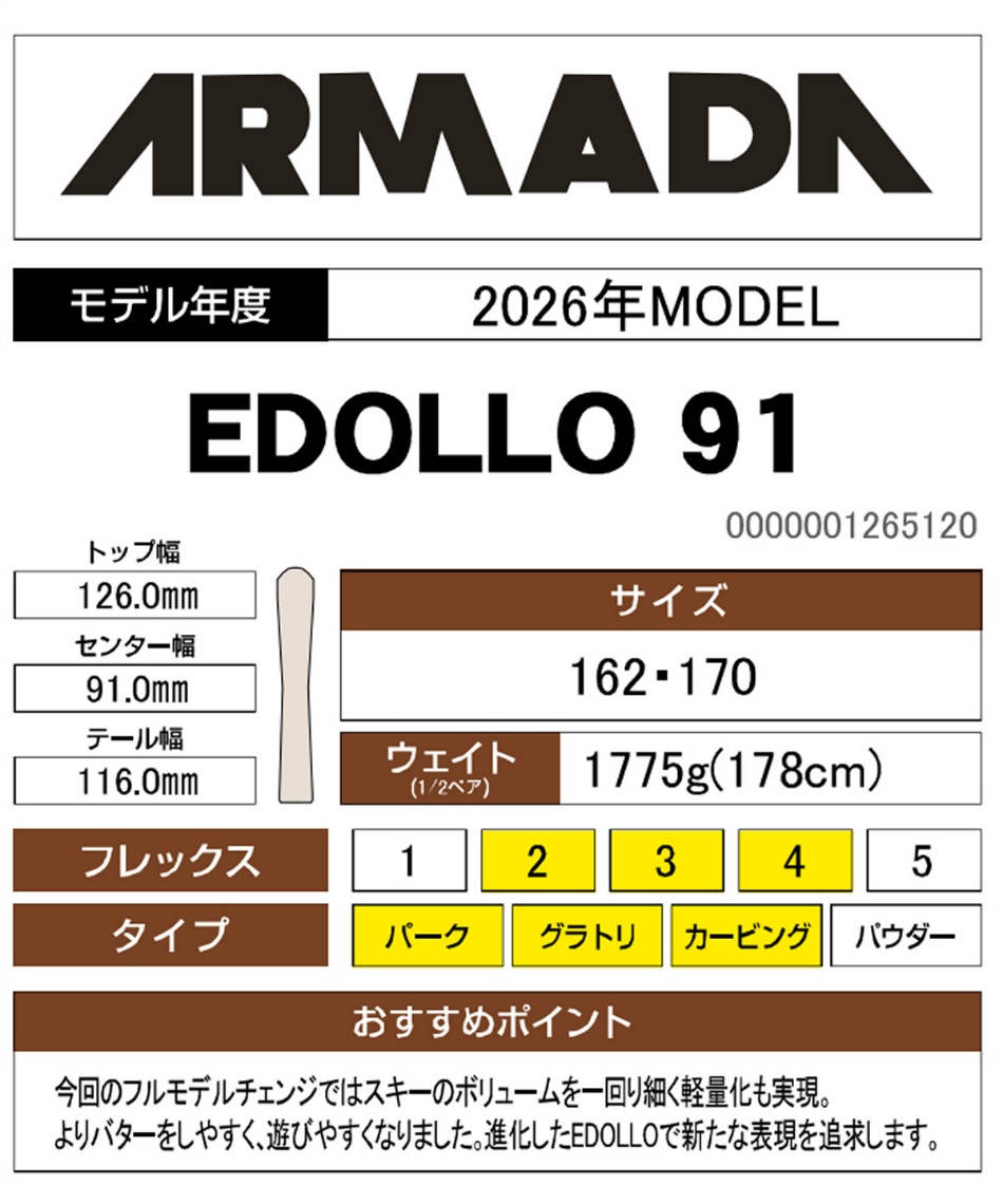 アルマダ(ARMADA) フリースタイルスキー板 イードロ 91 EDOLLO 91