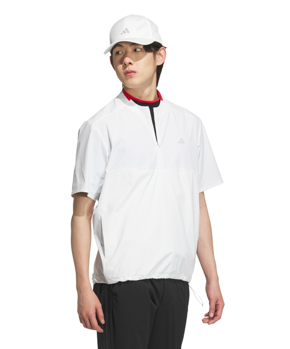 【新品未使用タグ付き】 ハーフジップ 撥水防風　半袖シャツ ホワイト アディダス(adidas) ゴルフウェア ブルゾン アディゼロ 撥水 ハーフ