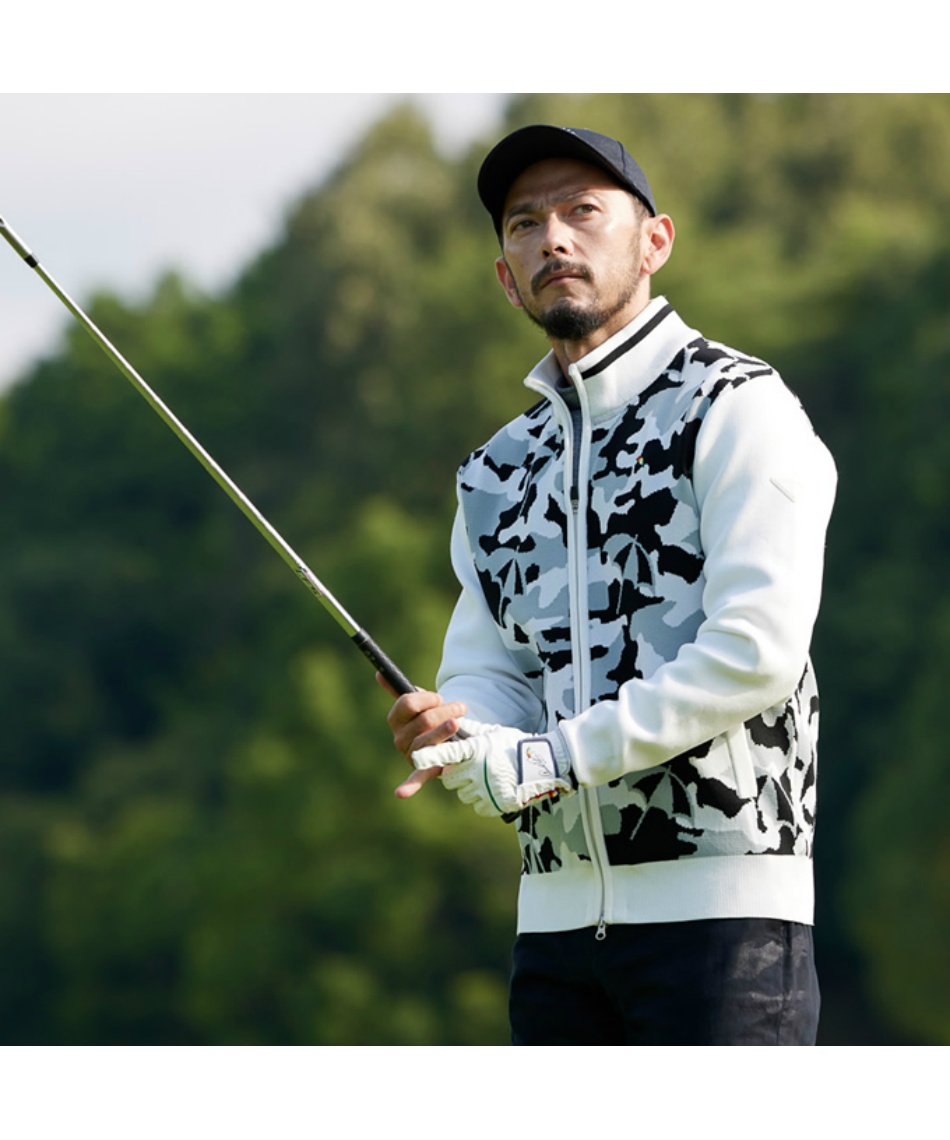 ゴルフウェア ブルゾン メンズ カモフラフルジップニットジャケット