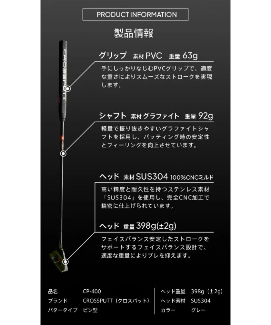 クロスパット(CROSSPUTT) ゴルフクラブ パター CP-400 PT 【2025