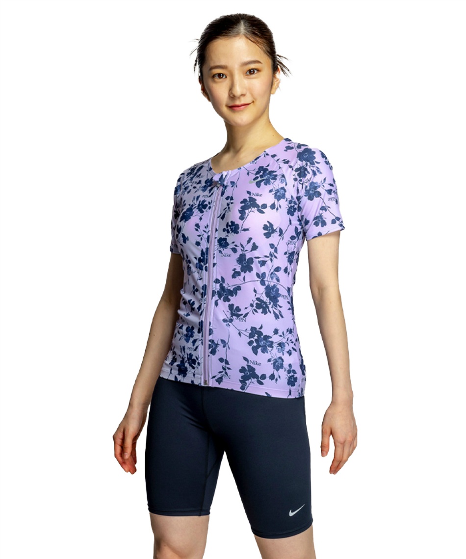 【美品】NIKE フィットネス　水着　M 紫　セパレート　スポーツ水着 ナイキ(NIKE) フィットネス水着 セパレート 総柄半袖フルジップ