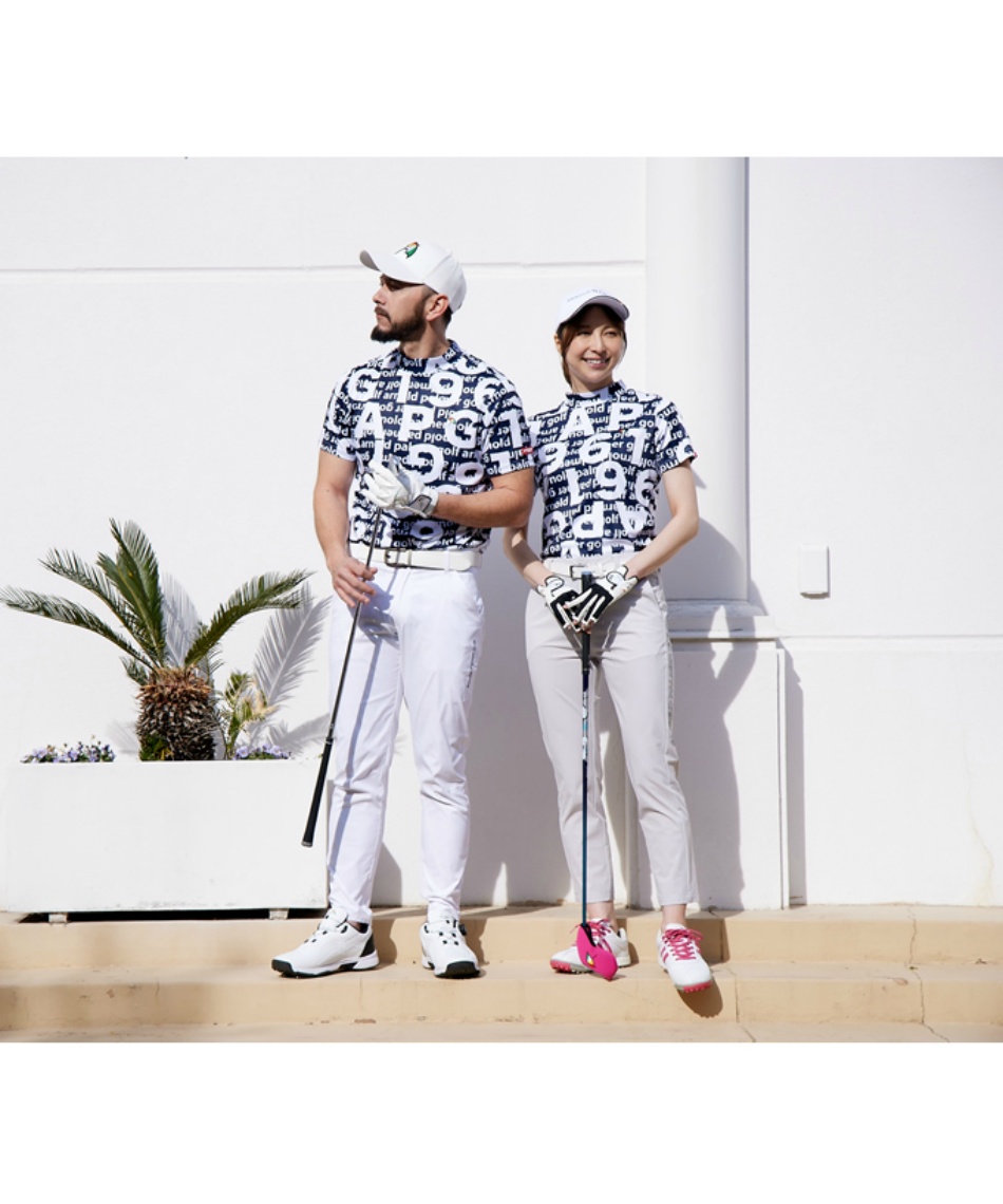 【新品】1PIU1UGUALE3 GOLF モックネック　総柄　ロゴ　半袖シャツ ゴルフウェア 半袖シャツロゴ総柄モックネック半袖シャツAP220101B15