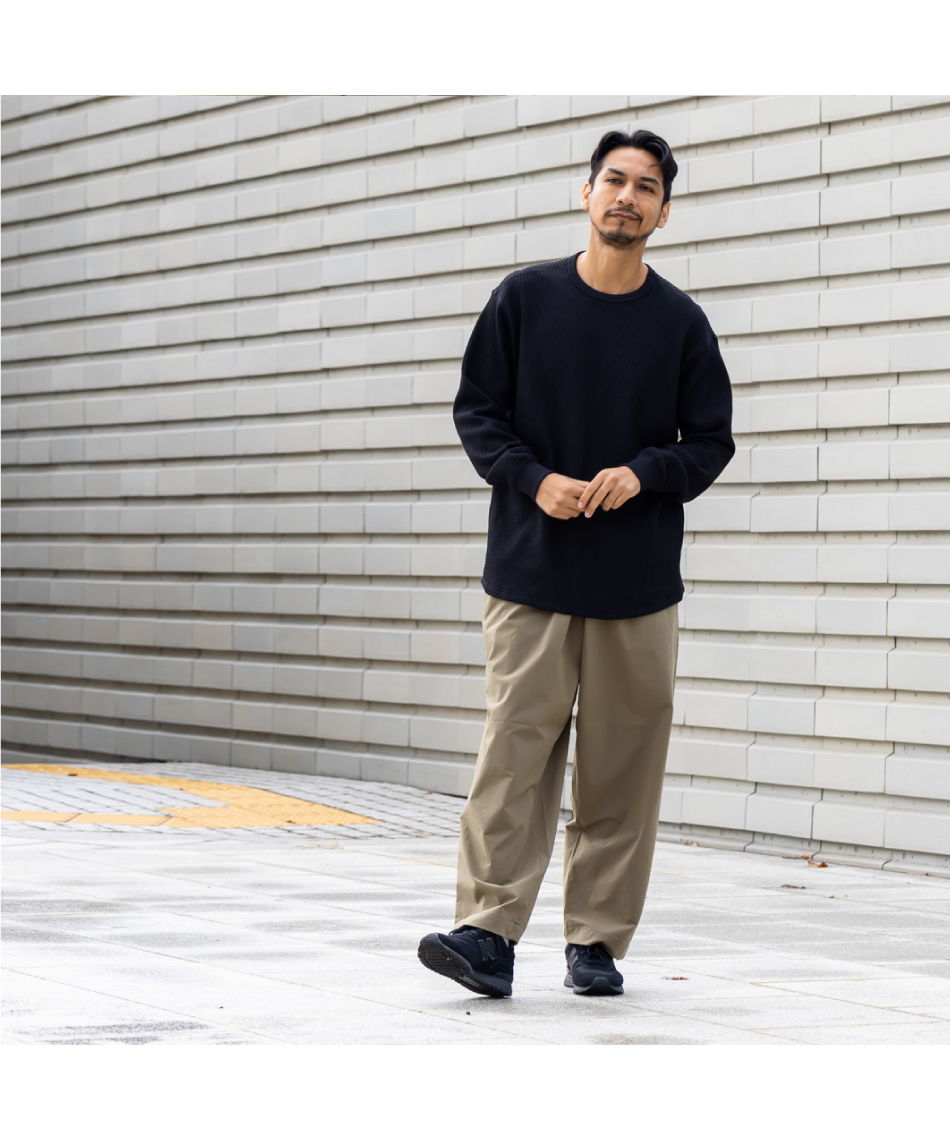 【HOMME】スノーワッフルビッグクルーネック+ロングパンツ Tシャツ 長袖 ロングスリーブウォームワッフルクルー NT62436 K 【国内