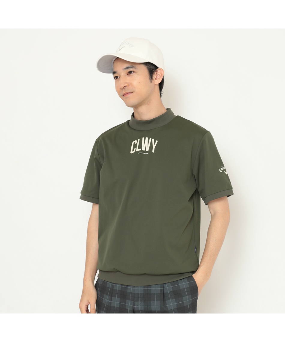 【キャロウェイ】極美品 モックネック 総ロゴ グリーン Lサイズ メンズ Callaway キャロウェイ 幾何学ロゴジャカード モックネック 半袖