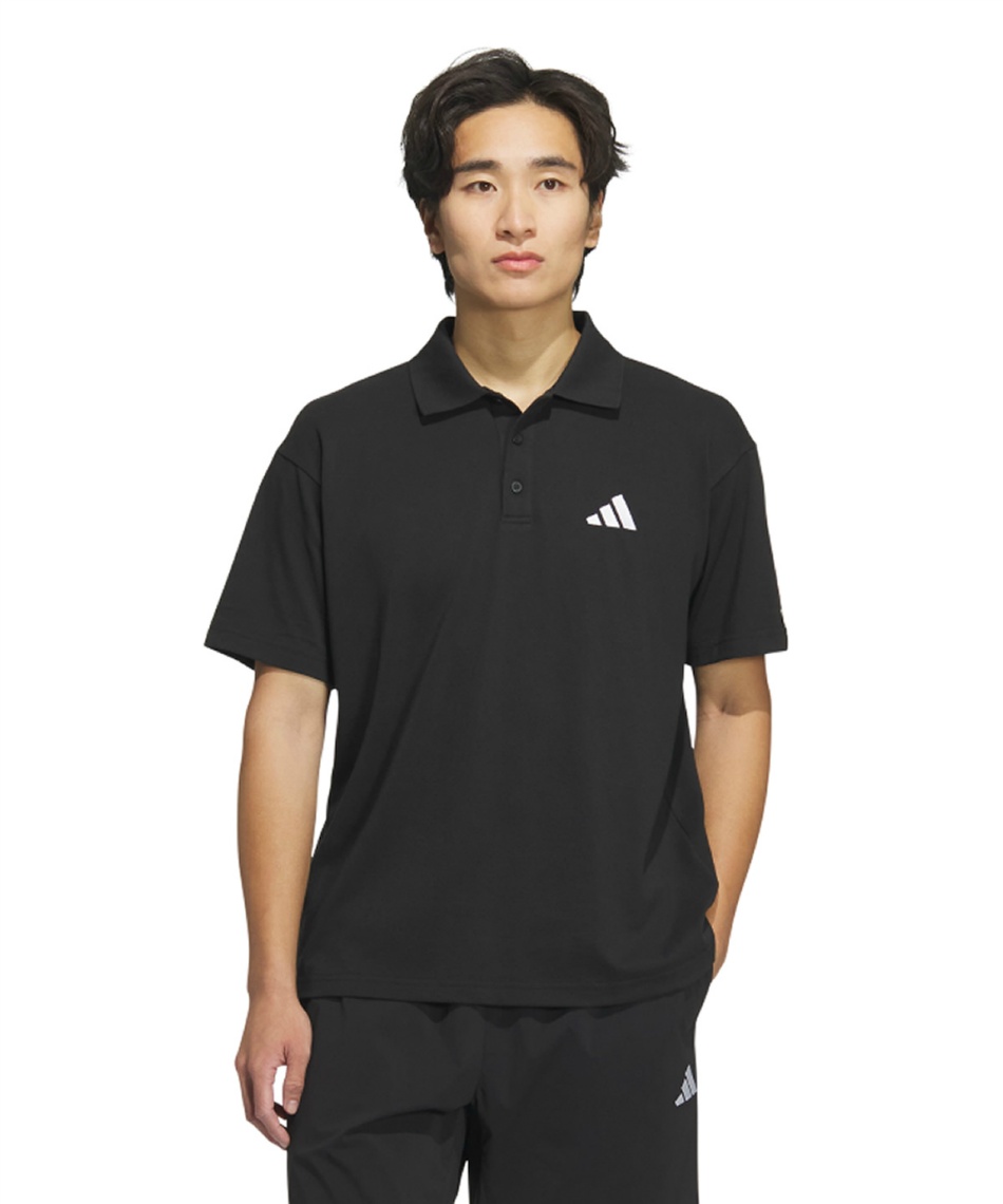 黒のポロシャツ 肩ロゴ入り ポロシャツ 半袖 エッセンシャルズ プラス ルーズフィット スモール