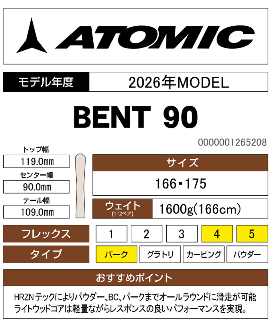 アトミック(ATOMIC) フリースタイルスキー板 ベント BENT 90 【国内